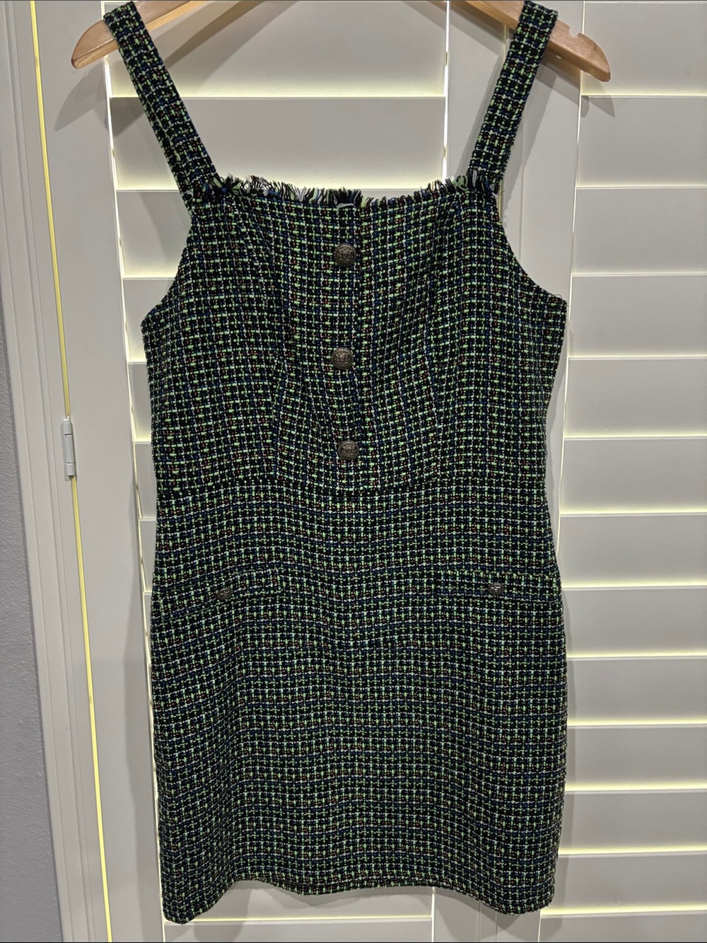 Sleeveless Tweed Mini Dress in Black and Green